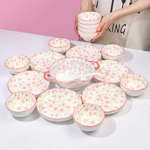 小碎花18件套可爱网红碗碟盘釉下彩陶瓷碗盘餐具家用套装吃饭