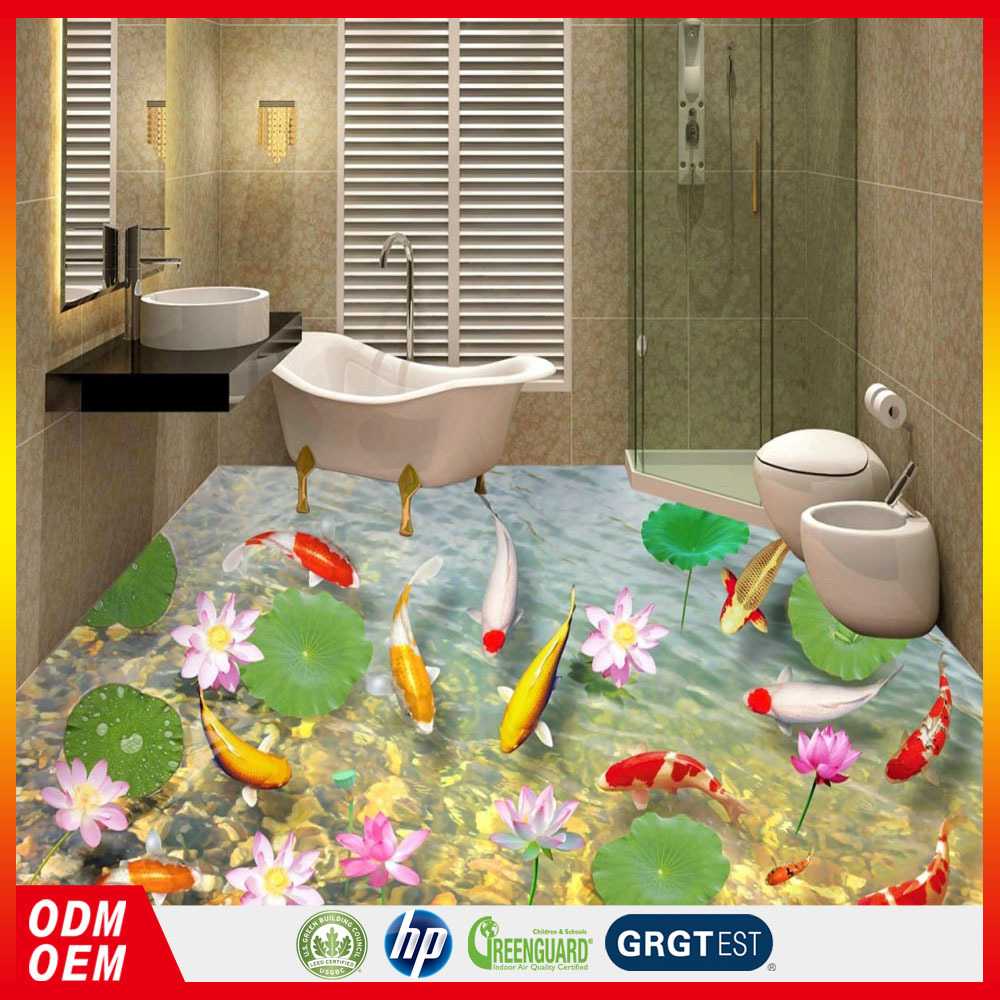 FL-007 高精地贴打印荷塘金鱼3D 地板贴画打印家居装饰地板画