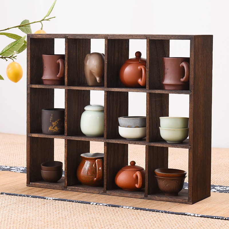 茶棚小摆件实木i功夫茶杯架收纳置物架壁挂12格架多宝格博古展示