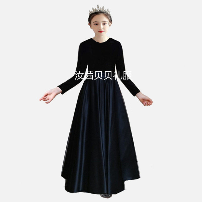 中大童全黑长袖钢琴晚礼服秋冬儿童高级金丝绒长裙女童乐团演出服
