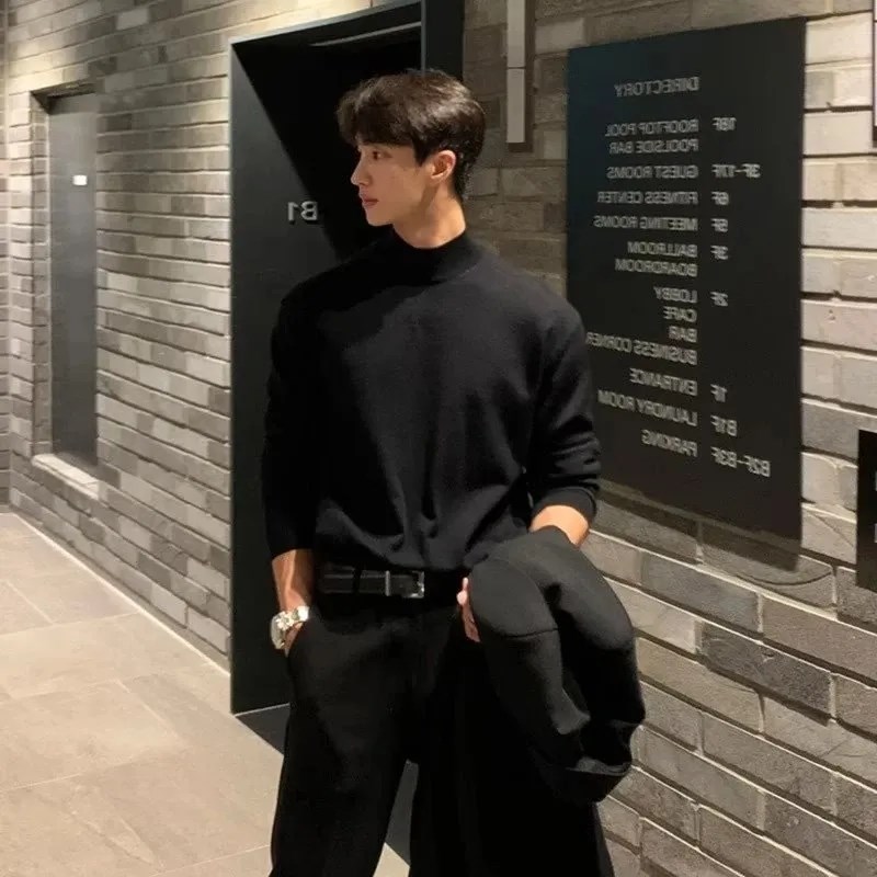春秋新款德绒半高l领男士打底衫加绒加厚保暖中领内搭百搭长袖T恤