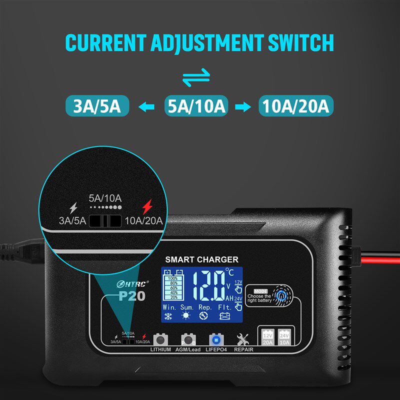 汽车摩托车电瓶充电器12V20A24V10A铅酸蓄电池AGM智能修复充电器