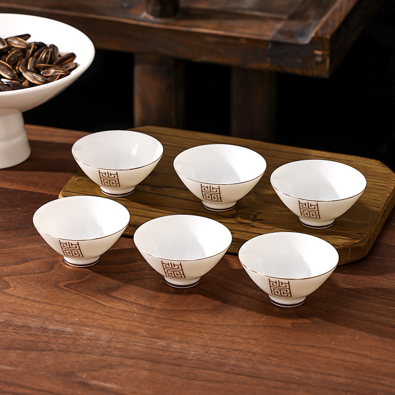 羊脂玉描金d斗笠杯主人杯陶瓷功夫小茶杯茶碗单个茶盏白瓷品茗杯