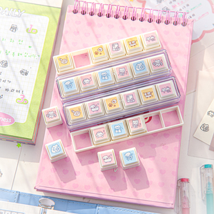 自带印油六联印章套装素材diy可爱手帐素材韩系插画萌宠表情盖章