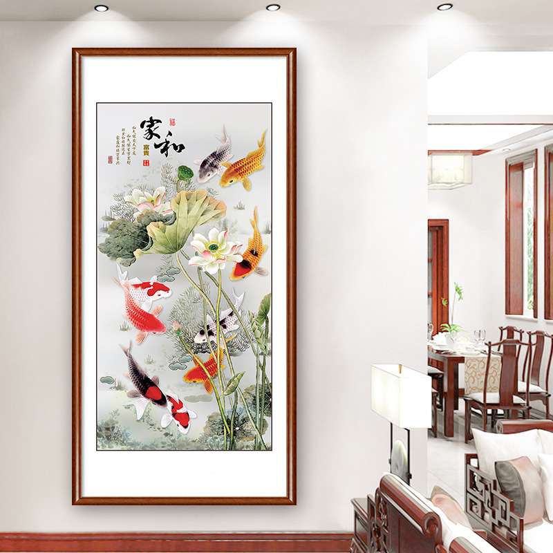 九鱼图玄关装饰画入户招财走廊过道尽头壁画中式实木框横竖版挂画