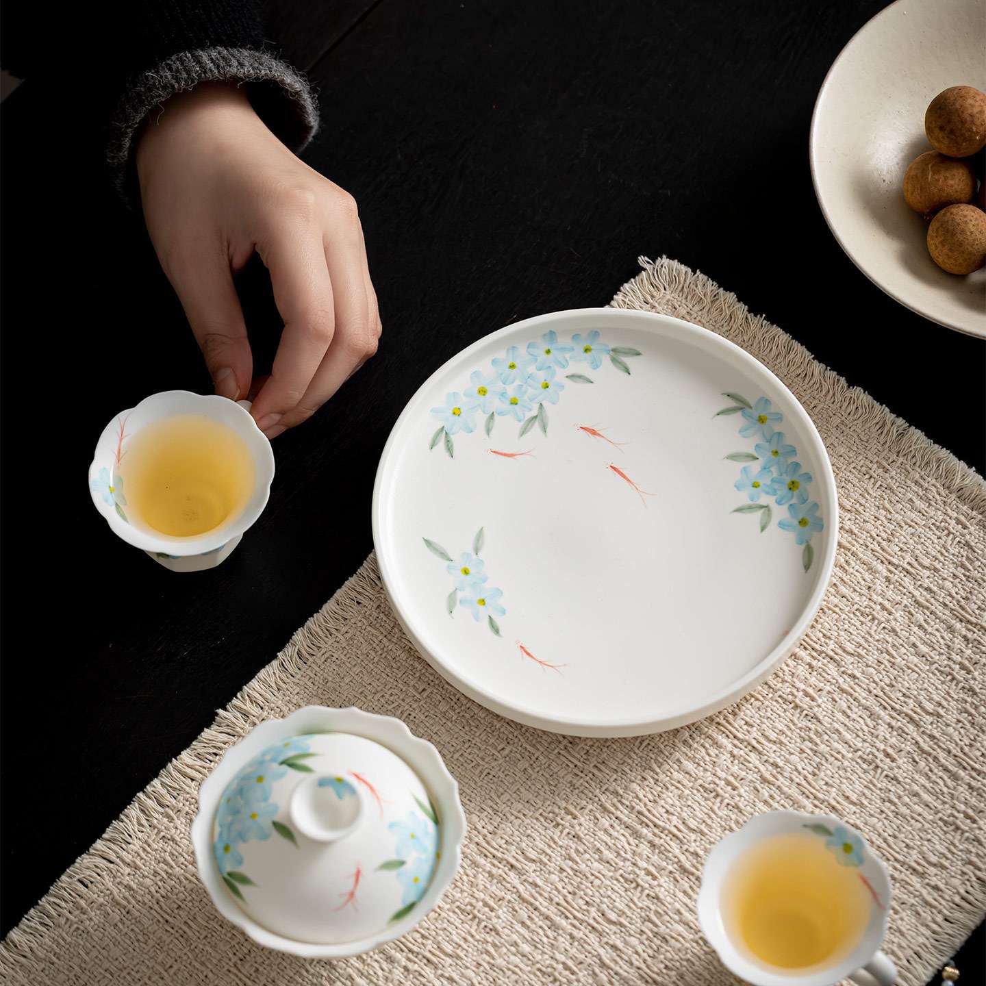 岩矿白手绘花影游鱼壶承新中式陶瓷壶托茶承干泡盘茶道配件茶托盘