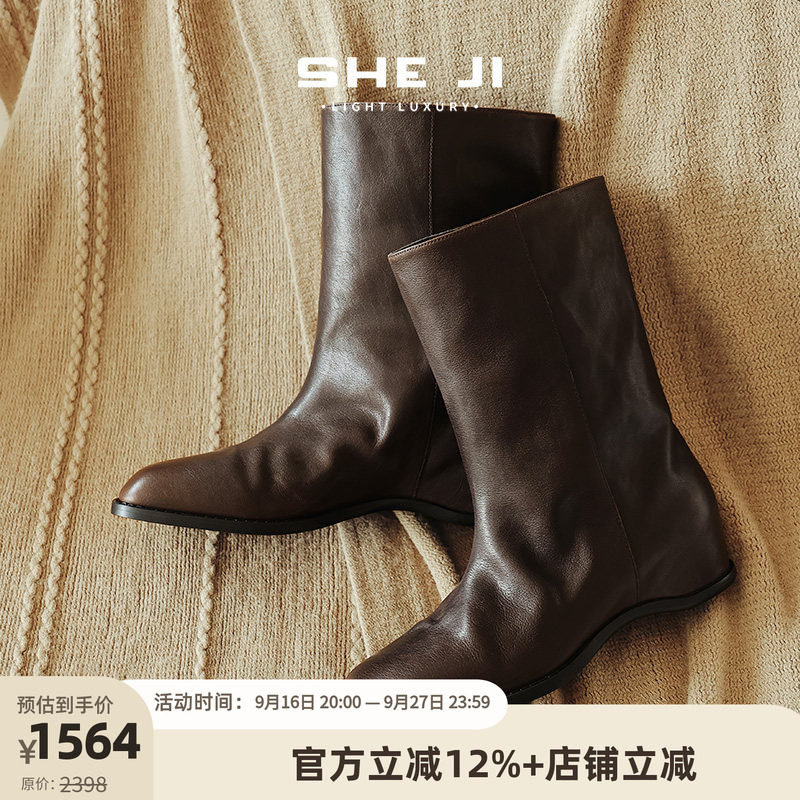 SHEJI奢季 坡跟小牛皮中筒靴女秋新款简约显瘦方便穿脱软皮骑士靴