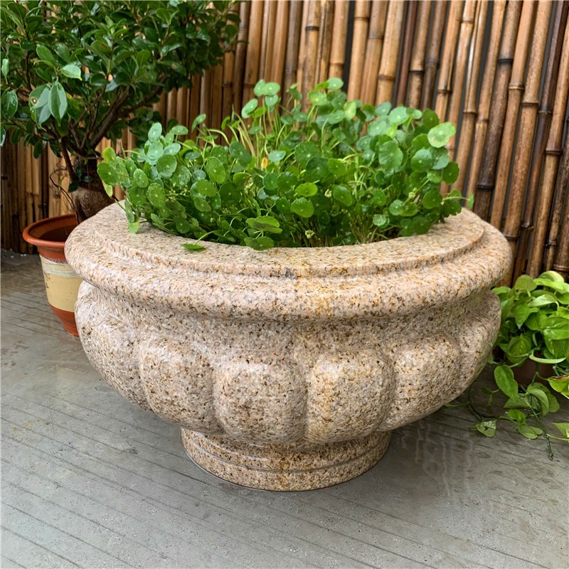 石材花盆花岗岩石钵定制黄锈石柱座户外围墙大理石头W花缸石雕花