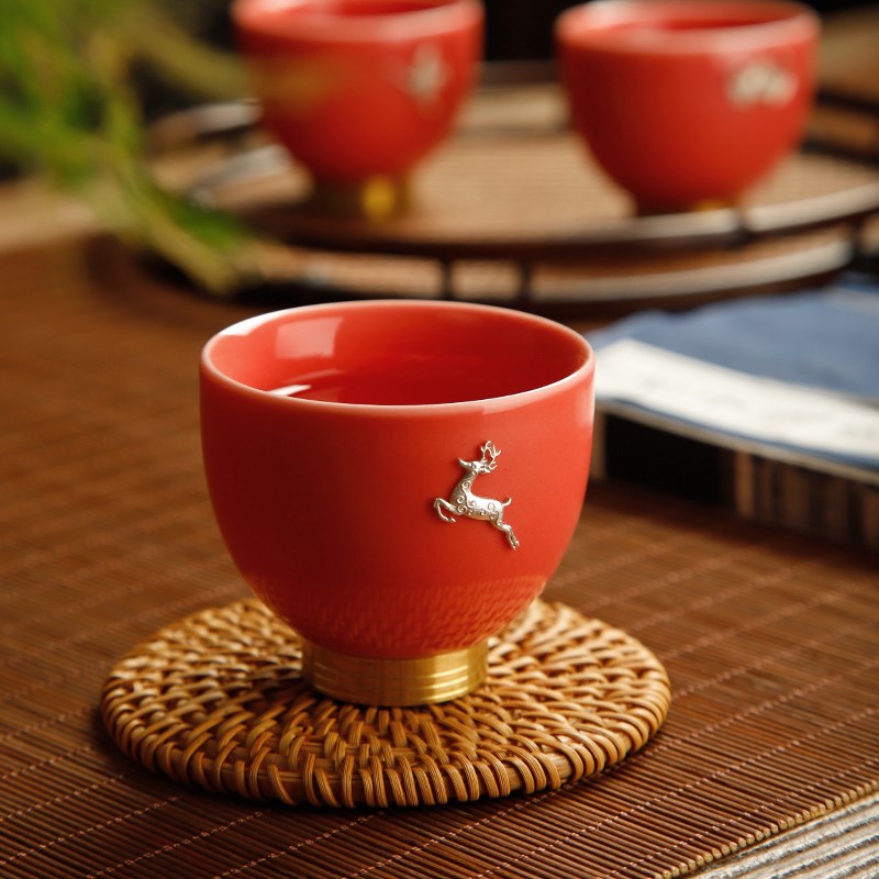 铜底红釉品茗杯功夫主人杯陶瓷茶杯家用小茶碗个人建盏专用单杯子