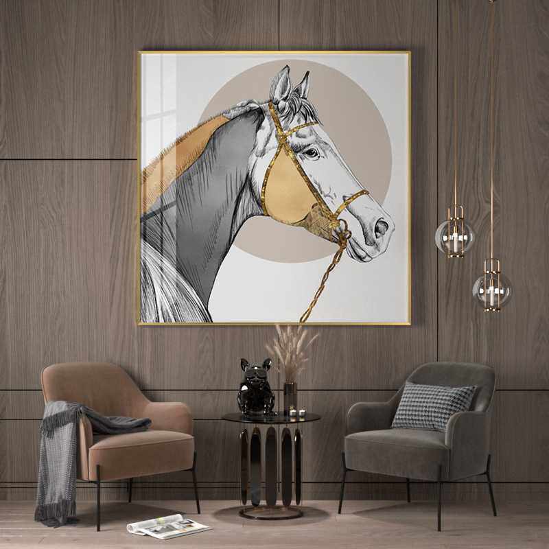 抽象黑白奢华后现代简约骏马轻奢装饰画客厅玄关背景墙壁竖版挂画