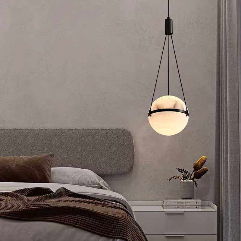 现代简约 高级感纯铜云石床头小吊灯圆球吧台客厅沙发装饰吊线灯