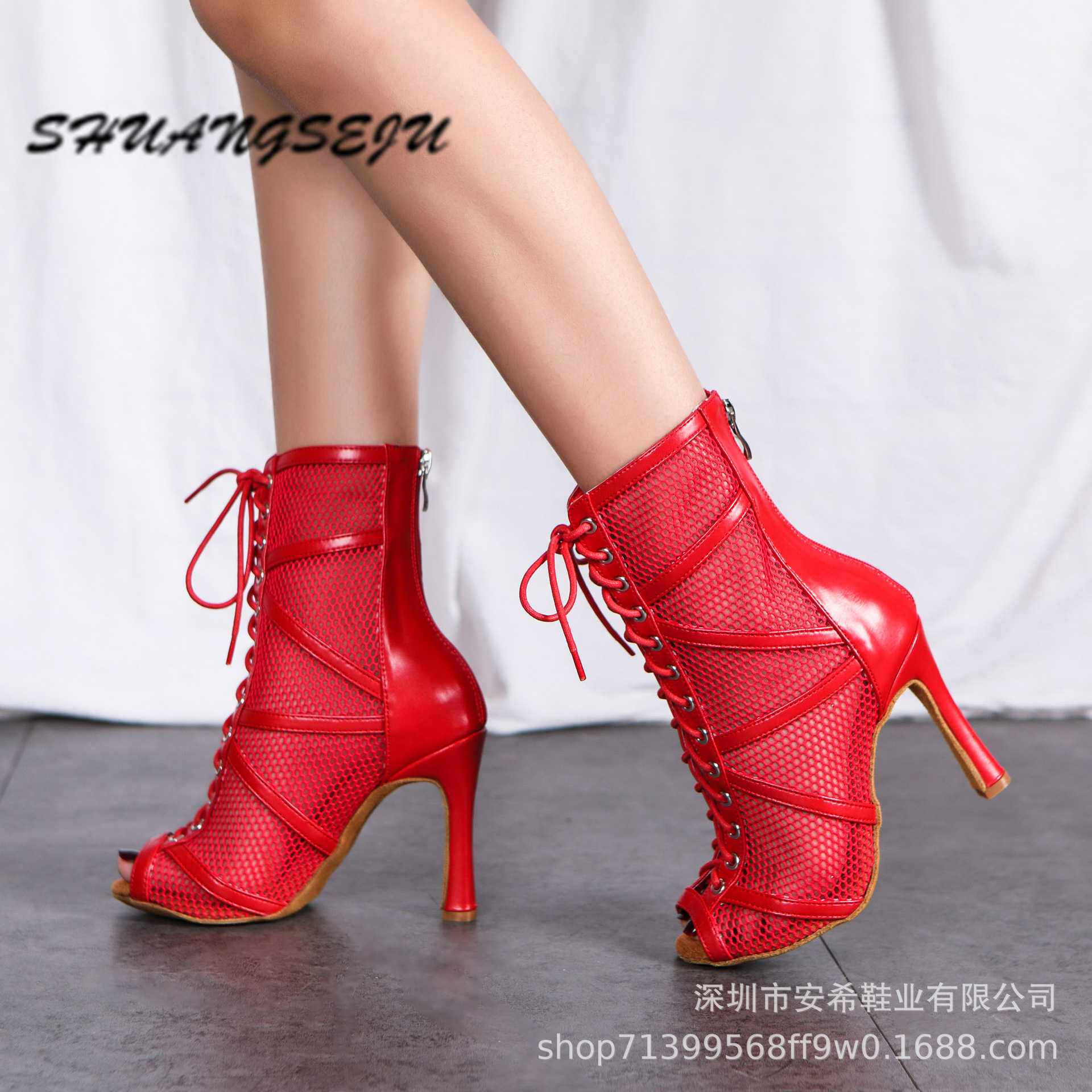 红色爵士舞蹈短靴系带性感heels新款成人女式拉丁舞鞋Bacha