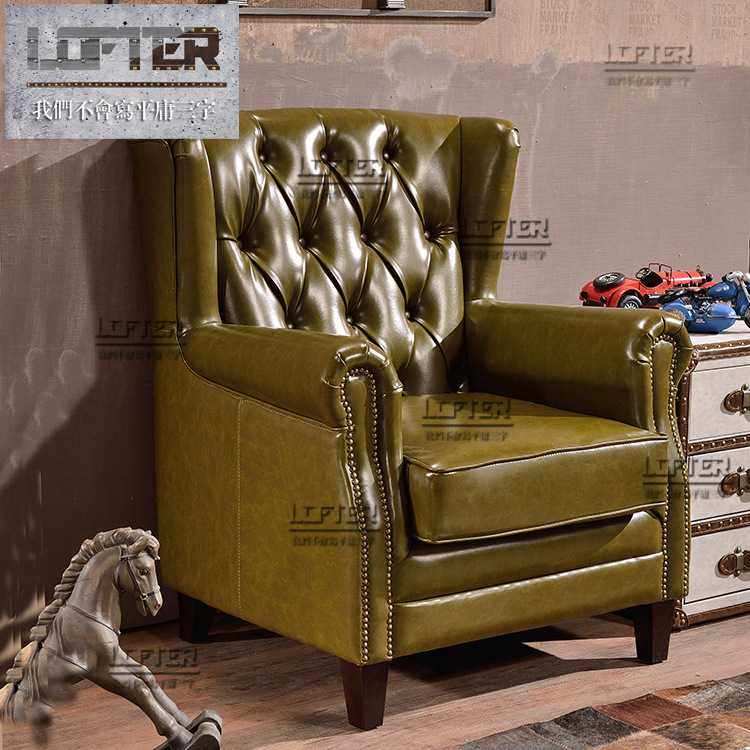 美式乡村拉扣老虎椅欧式小户型单人仿皮沙发客厅咖啡椅高背休闲椅