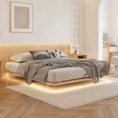 日式无床头实木悬浮床小户型现代简约主卧白蜡木带感应灯双人床