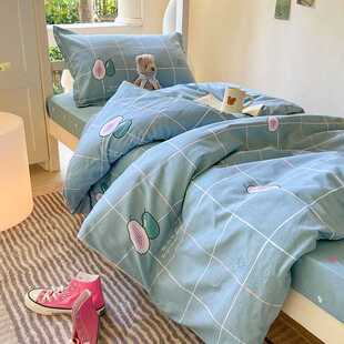 全棉学生三件套纯棉床单简约床上用品被套寢室宿舍单人条格床笠款