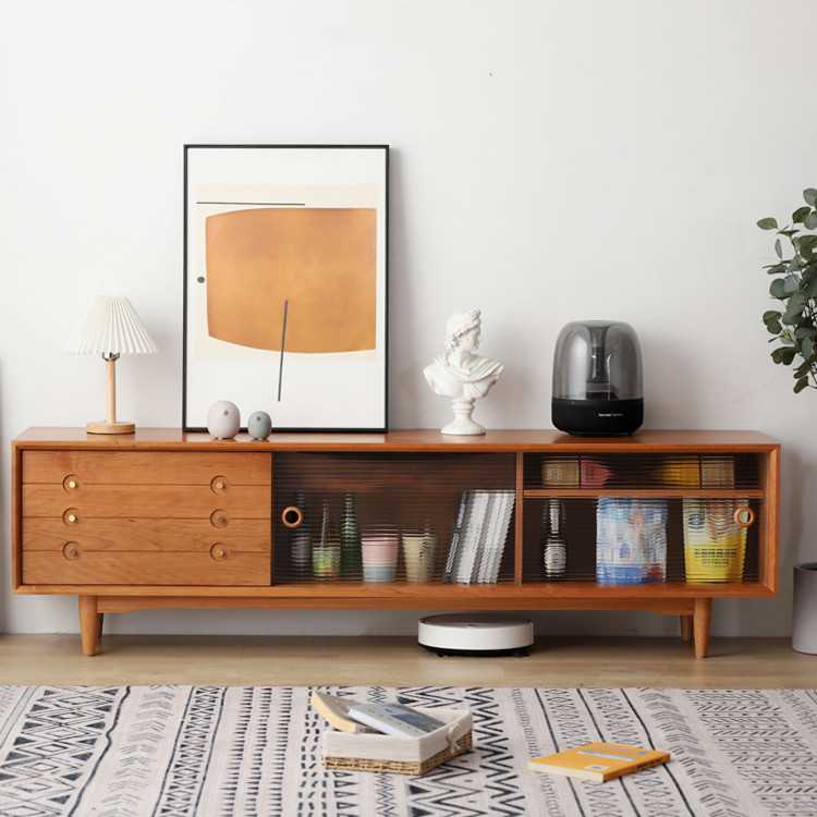 C位电视柜北欧樱桃木视听柜简约实木茶几电视柜组合客厅收纳