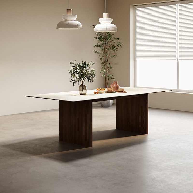 宏杨法式复古胡桃色餐桌椅组合进口洞石岩板椭圆形极简大户型别墅