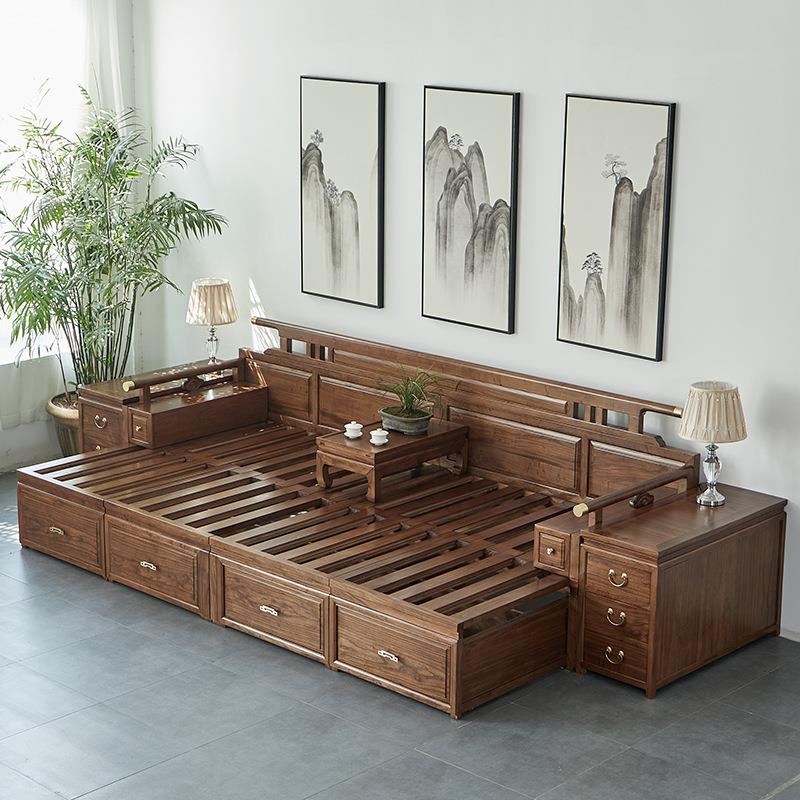 实木沙发新中式家用伸缩罗汉床大小户型客厅组合储物冬夏两用贵妃