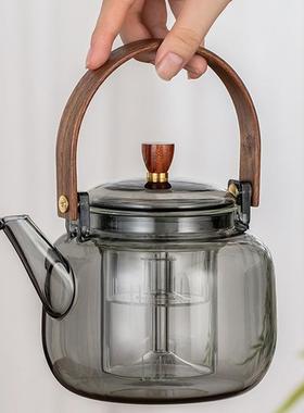 提梁壶蒸煮一体家用大容量蒸煮茶壶烟灰色木把玻璃煮茶壶星空壶