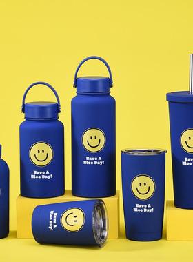 2025新款不锈钢保温杯笑脸蓝色系列吸管杯咖啡杯套装提手运动水杯