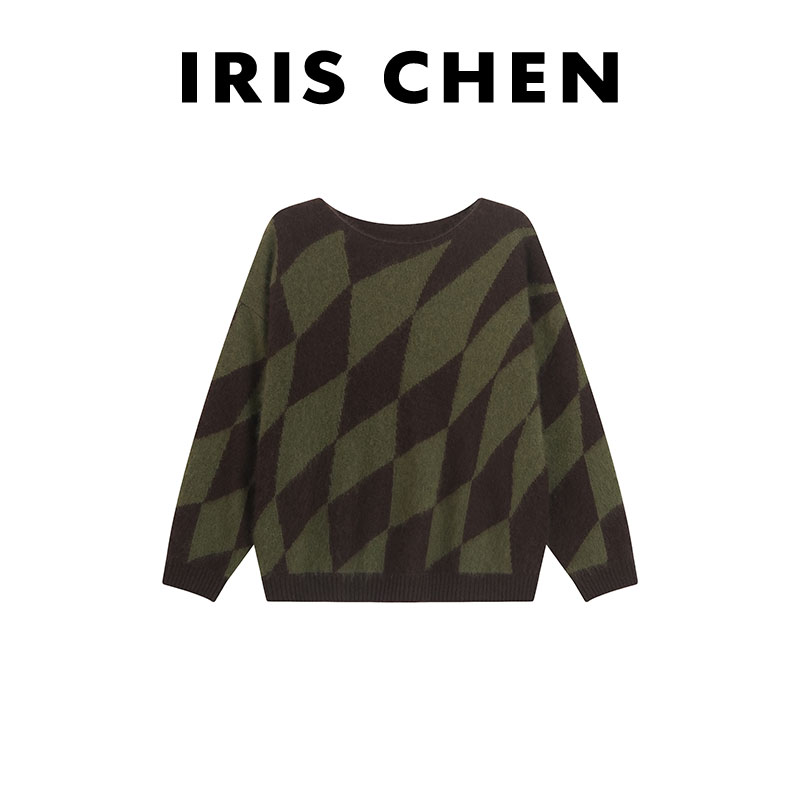艾文文IRIS迷宫 2025秋冬“100羊毛拉毛”菱格慵懒针织衫25SY848