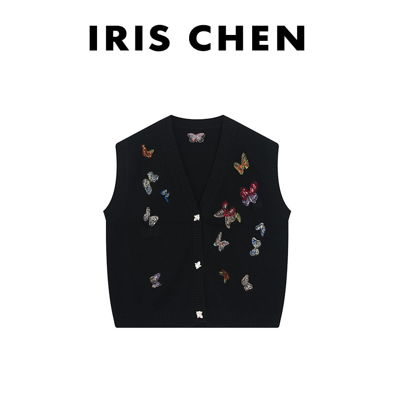 艾文文IRIS 蝴蝶马甲 2025冬“100绵羊毛210g”提花针织马甲