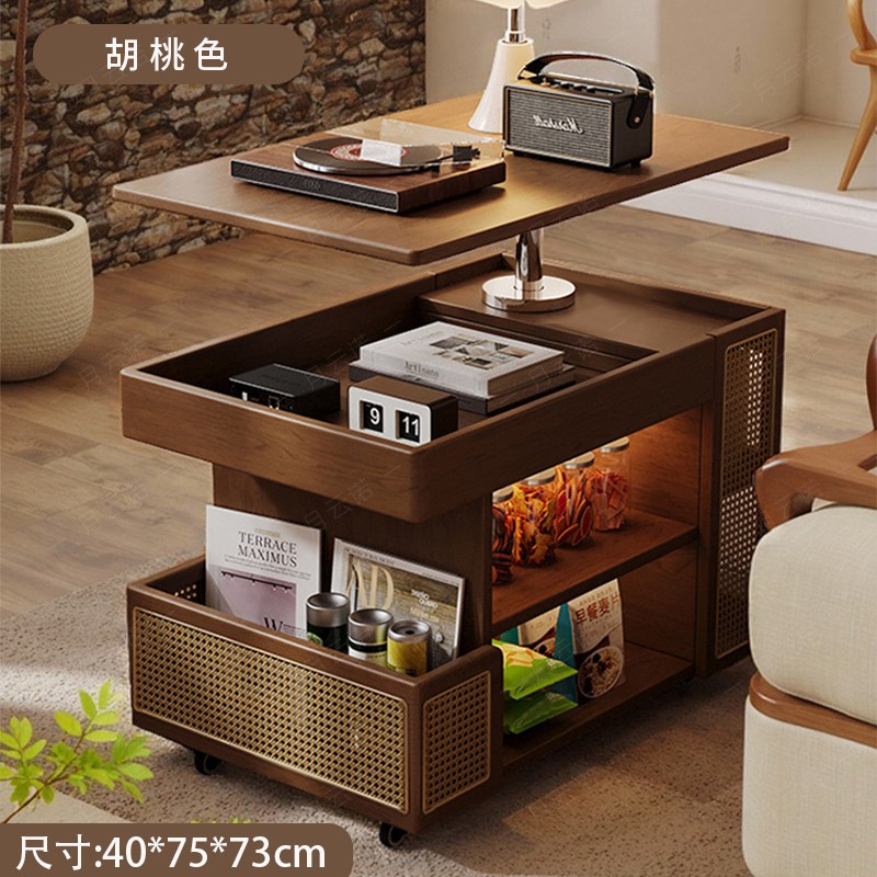 实木移动茶几可升降式小户型客厅家用沙发K边柜小推车巴士藤编边