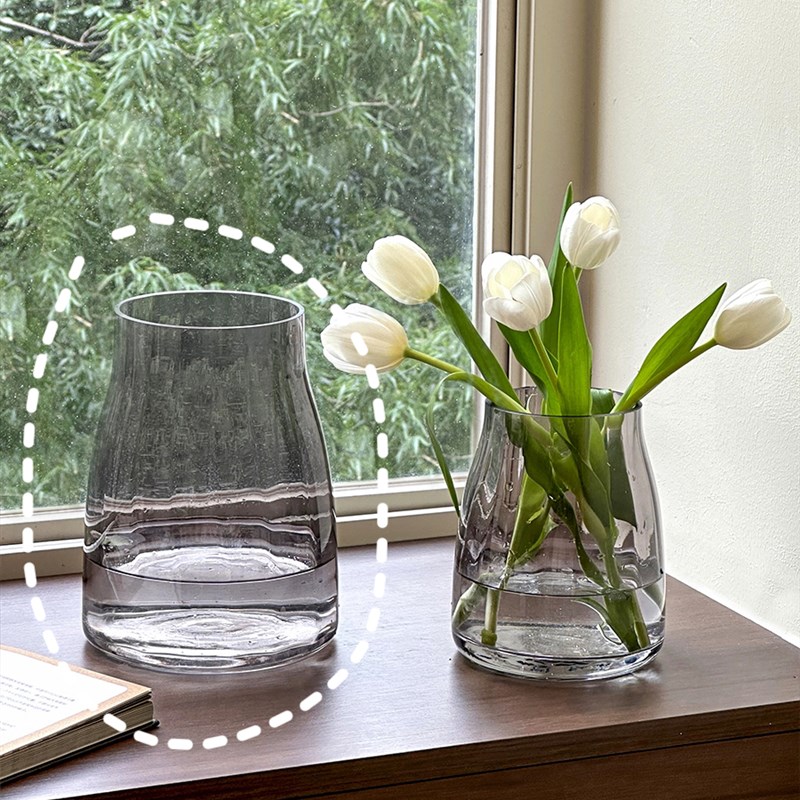 轻奢透明高级感玻璃花瓶摆件x客厅插花复古餐桌矮水培玫瑰大肚宽