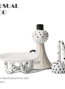 现代简约黑白波点陶瓷花器摆件样板间售楼处客厅茶U几桌面软装饰