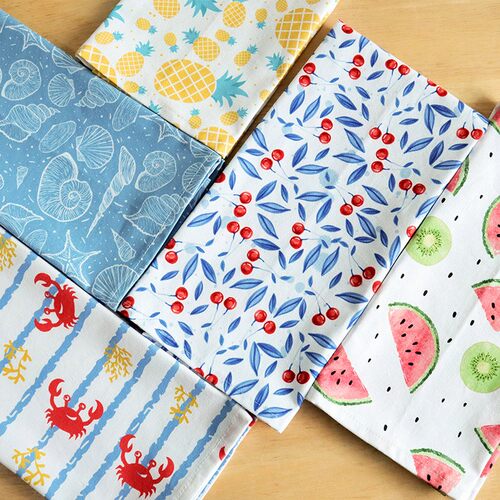 Kitchen towels两条装全纯棉茶巾厨房毛巾华夫格抹布印花多用垫布