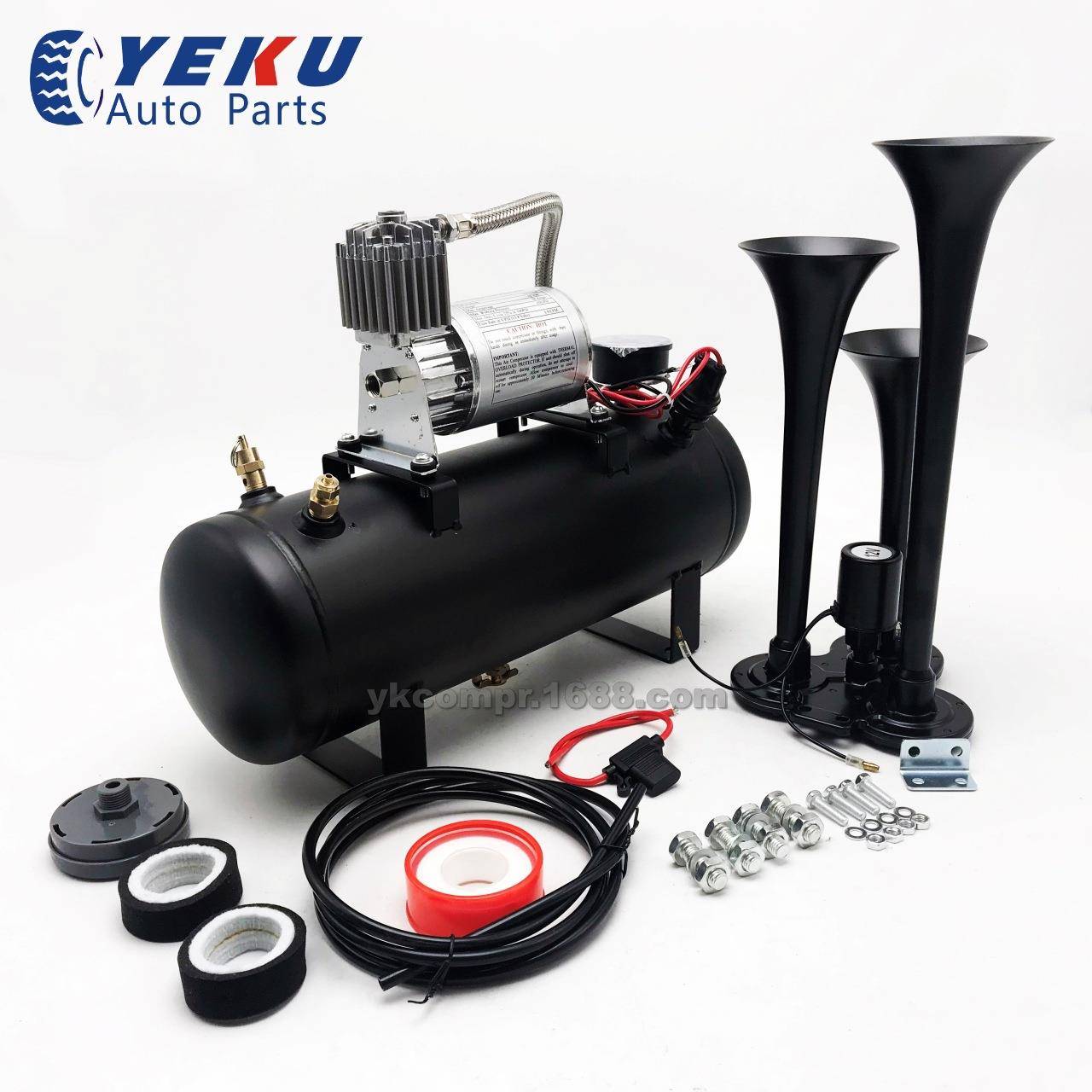 汽车改装气泵带3三管银色喇叭不锈钢空压机/12V车载充气泵热销