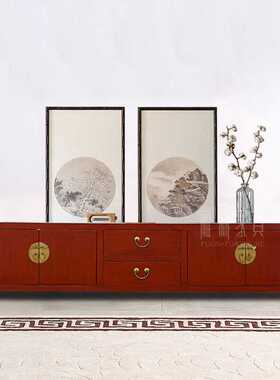 中式实木红色漆仿古做旧电视柜地柜储物柜复古矮柜旧实木家具