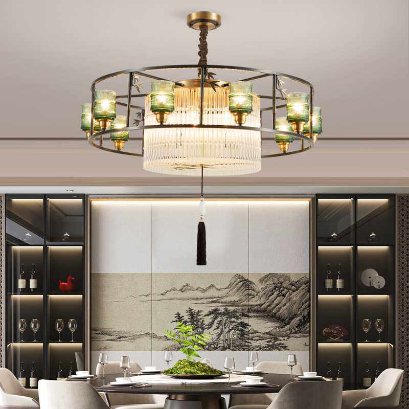 新中式客厅吊灯吸吊两用型饭店包间宴会厅餐厅灯新款全铜轻奢灯具