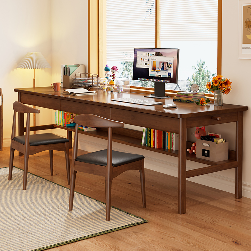 实木双人电脑桌家用阳台靠墙长条写字桌简约卧室学生学习桌椅套装