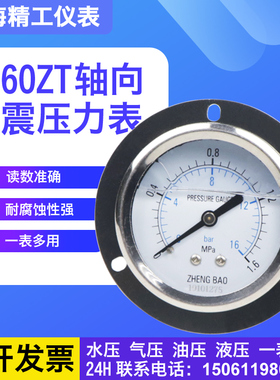 YN60ZT 0.6/1/1.6/2.5/4/6/10/16/25/40/60MPA轴向带边耐震压力表
