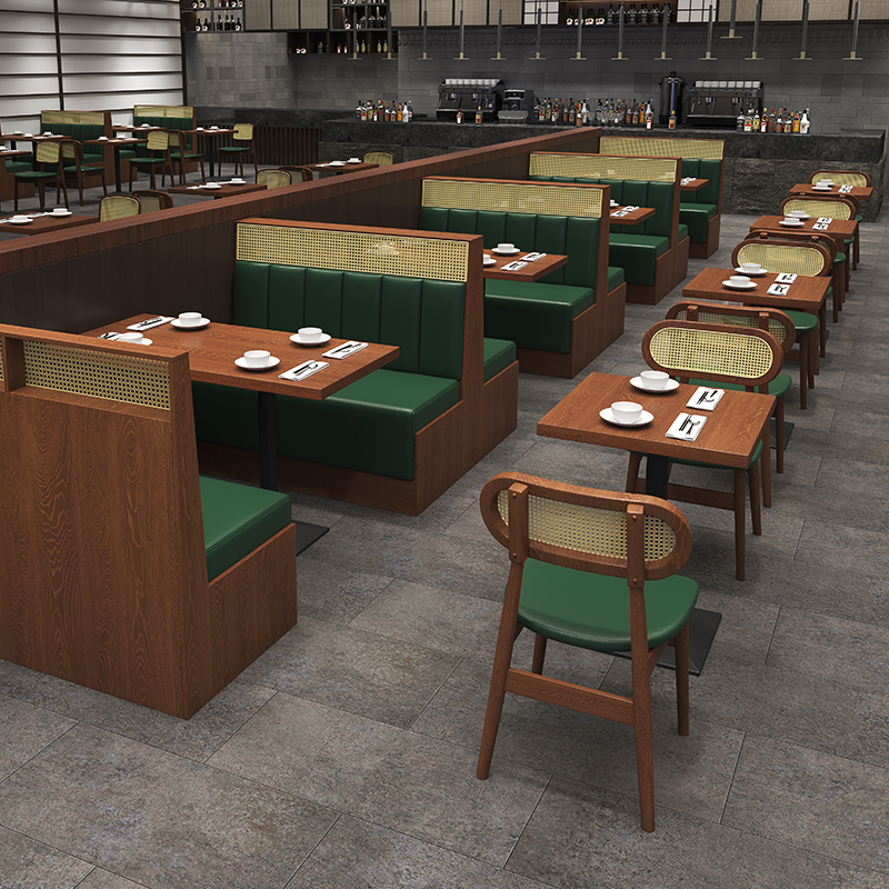 卡座沙发定制编藤主题餐厅茶楼日料饭店小吃面馆实木商用桌椅组合