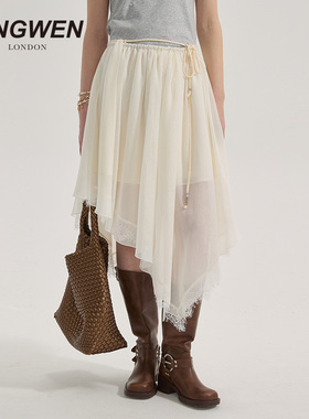【sona大小姐同款】KINGWEN26春夏新网纱不规则长款半裙系带钉珠