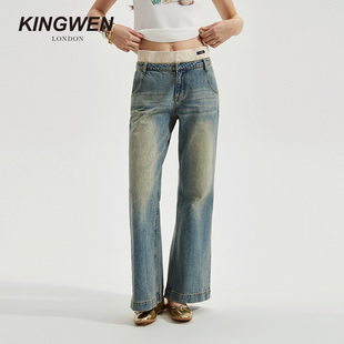 KINGWEN2026春季新款鱼骨蕾丝拼接直筒牛仔裤女装设计师品牌长裤