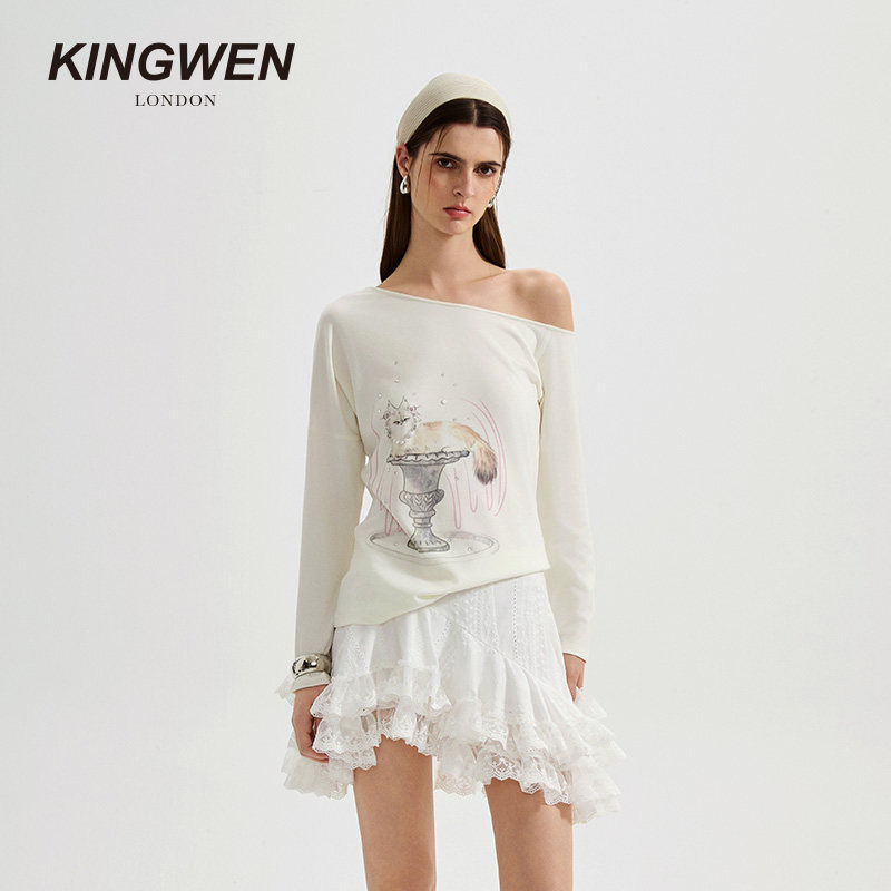KINGWEN2026春季新款斜肩印花T恤衫女长袖上衣肌理蕾丝半身裙套装,女装/女士精品,T恤,淘宝优惠券,粉丝福利购,淘宝优惠卷