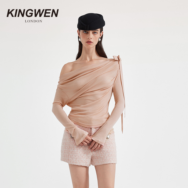 KINGWEN斜肩褶皱长袖上衣
