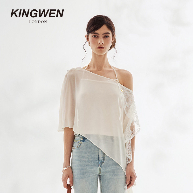 KINGWEN2026夏季新款不对称蕾丝斜肩罩衫女露肩疗愈度假斗篷披肩