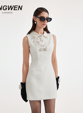 【明星同款】KINGWEN25冬季白色翻领拼接连衣裙女小香轻奢千金风