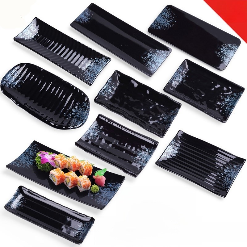 黑色密胺彷瓷日式寿司平盘商用塑料长方形烧烤烤肉盘子创意小吃盘