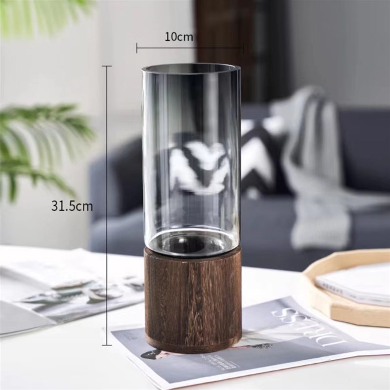 轻奢直筒木底座富l贵竹玻璃花瓶水养花器插花瓶桌面台面居家摆件