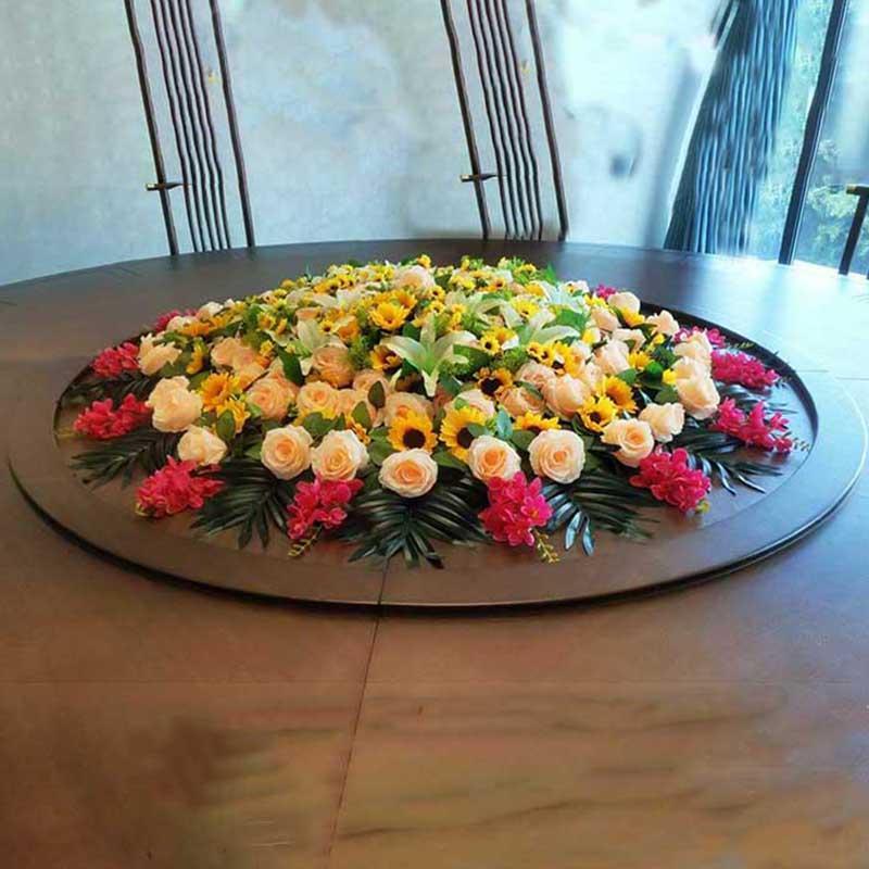 酒店圆桌中间摆花餐厅餐桌花转盘装饰假花仿真宴会绢花摆件电动桌