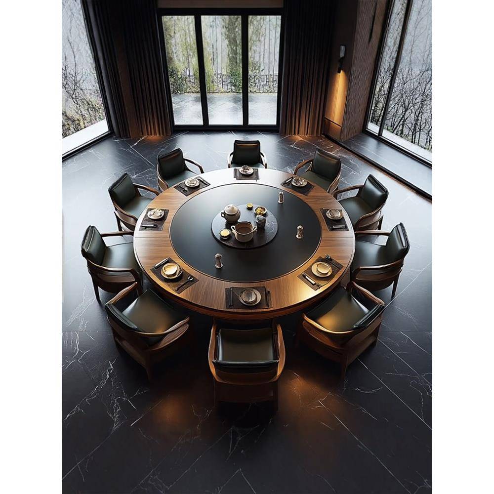 酒店电动大圆桌实木餐桌带岩板平行转盘升降2米3饭店包厢会所16人