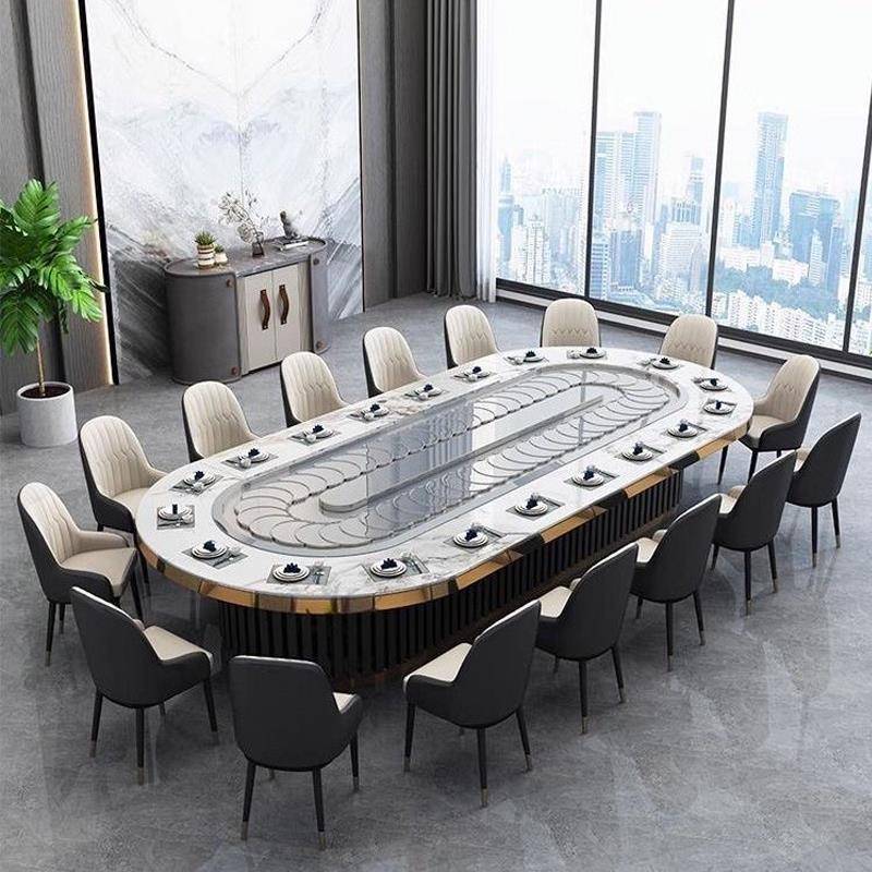 酒店椭圆形岩板电动餐桌输送带自动旋转长方形电磁炉火锅宴会桌