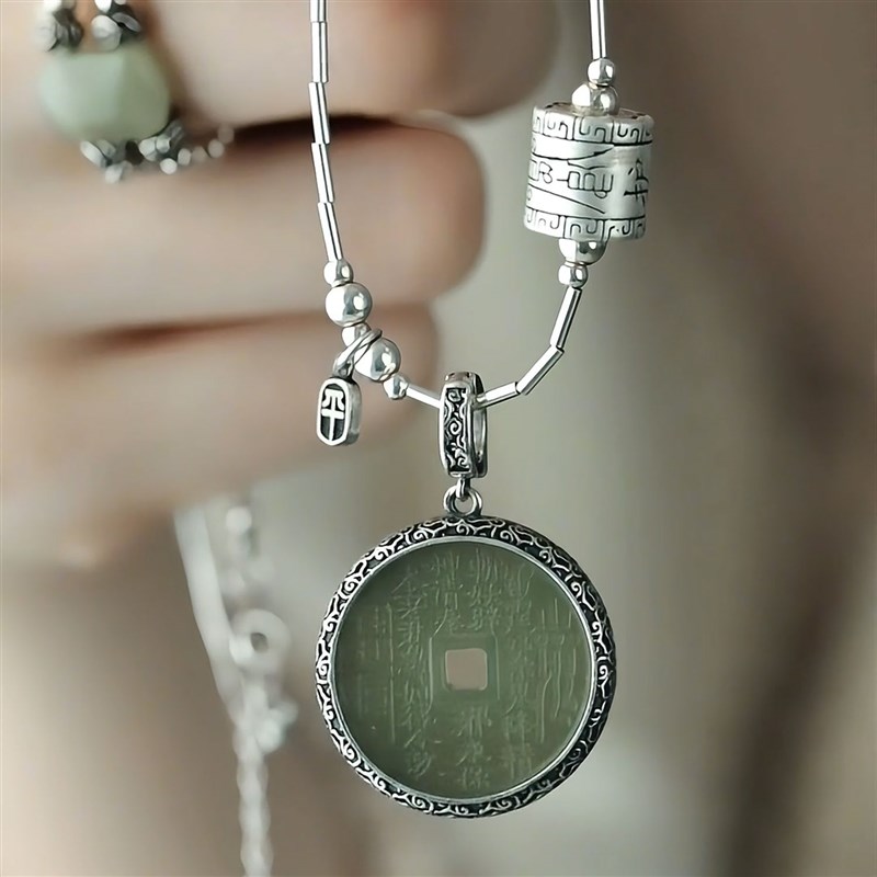 S925银复g古做旧山鬼平安扣吊坠和田玉新中式民族风气质女款挂坠