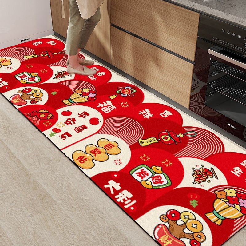 红色喜庆厨房专用地垫防滑防油硅藻泥吸水速干脚垫新年地毯可裁剪,居家布艺,厨房地垫,淘宝优惠券,粉丝福利购,淘宝优惠卷