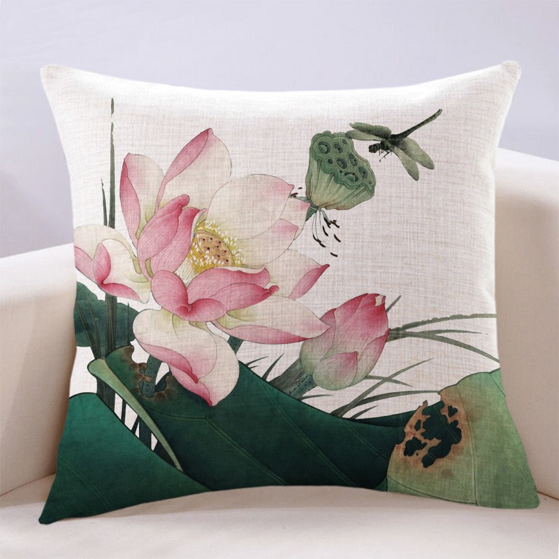 新中式古典荷花客厅m抱枕靠垫中国风禅意沙发高端大靠背枕套含枕